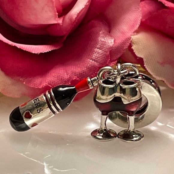 Charm for Pandora Bracelet Wine Bottle with 2 Glasses Sterling Silver - Picture 4 of 10